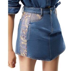 NWT Nocturne Women’s Denim Jean Mini Skirt Print Accents - Size XS-2/4 - MSRP $1